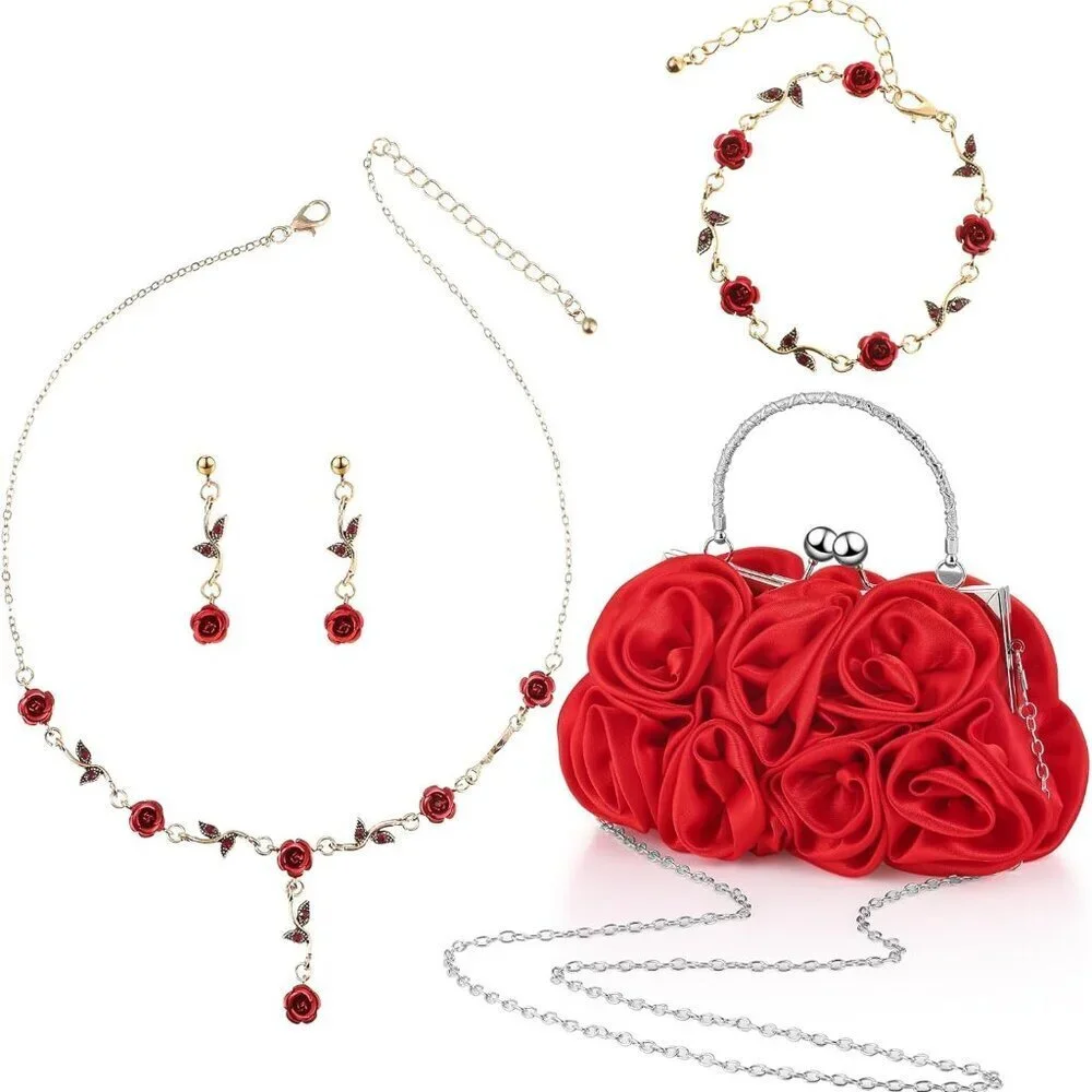 Women Rose Clutch Purse Jewelry Set Satin Evening Handbag Gift for Weddings